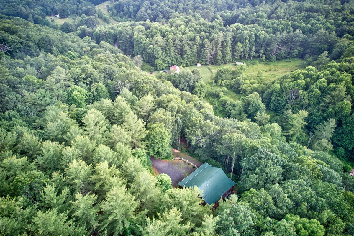 This image showcases the green-roofed Bella Woods Cabin nestled in a dense forest, with distant hills visible in the background and the cabin surrounded by tranquil natural scenery. The setting is serene, highlighting the seclusion and inspiration offered by the mountain landscape.